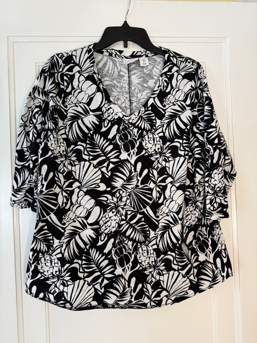 Nicole Miller 1X Black White Tropical Print Top | 100% Cotton 3/4 Sleeve Blouse